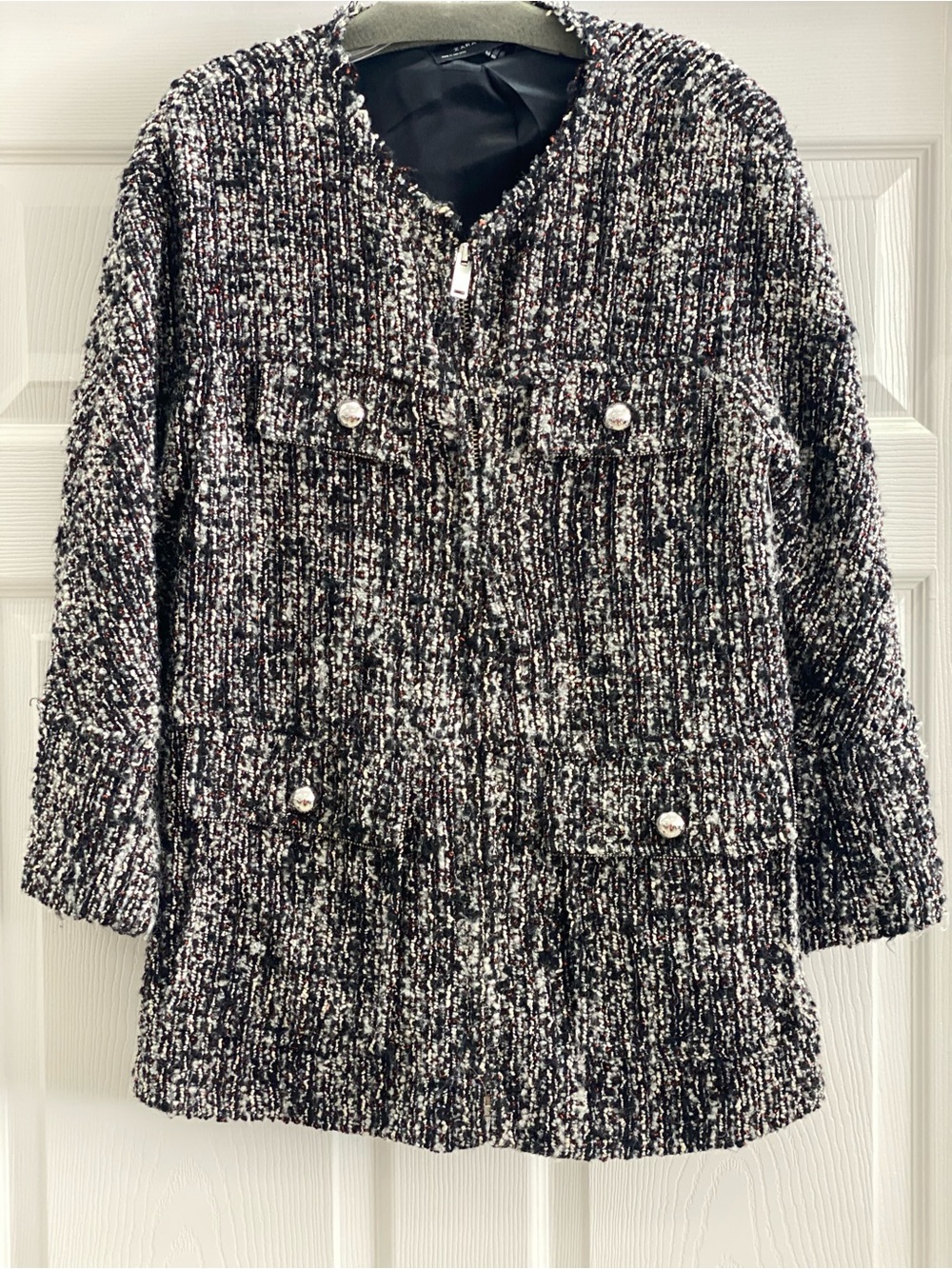 Elegant Zara Textured Black White Reddish Orange Bouclé Women's Jacket Size M